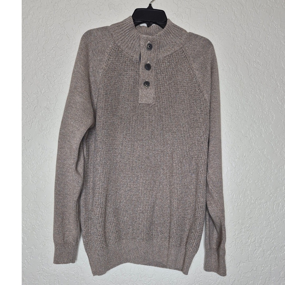 Alan Flusser Brown Tan Cotton Knit Mock Neck Button Henley Sweater Pullover XL